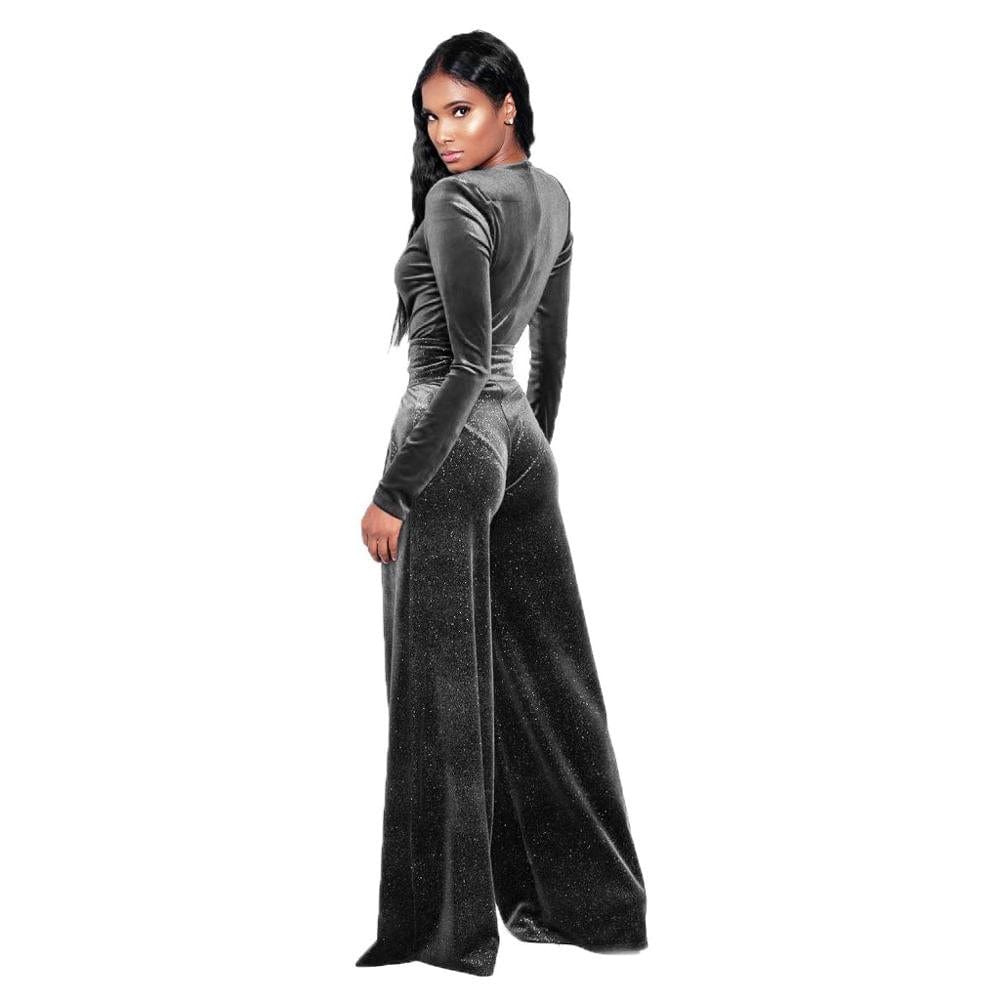 Big plus size women Black jumpsuits womens fashion deep v neck sexy clubwear elegant ladies velvet jumpsuits romper YY10038