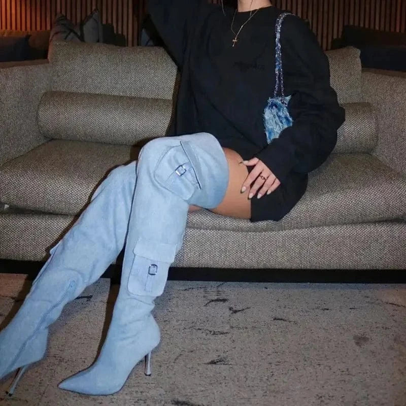 Big Size 44 Stage Women's Over Knee High Thin Heels Pockets Boots Pointed Toe Shoes Stiletto Wide Fit Long Booties