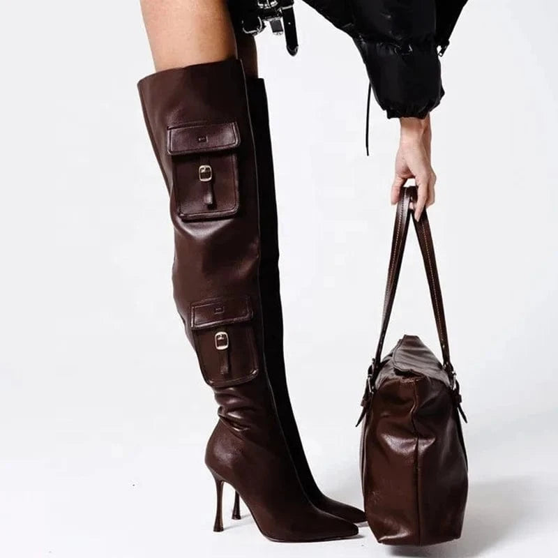Big Size 44 Stage Women's Over Knee High Thin Heels Pockets Boots Pointed Toe Shoes Stiletto Wide Fit Long Booties