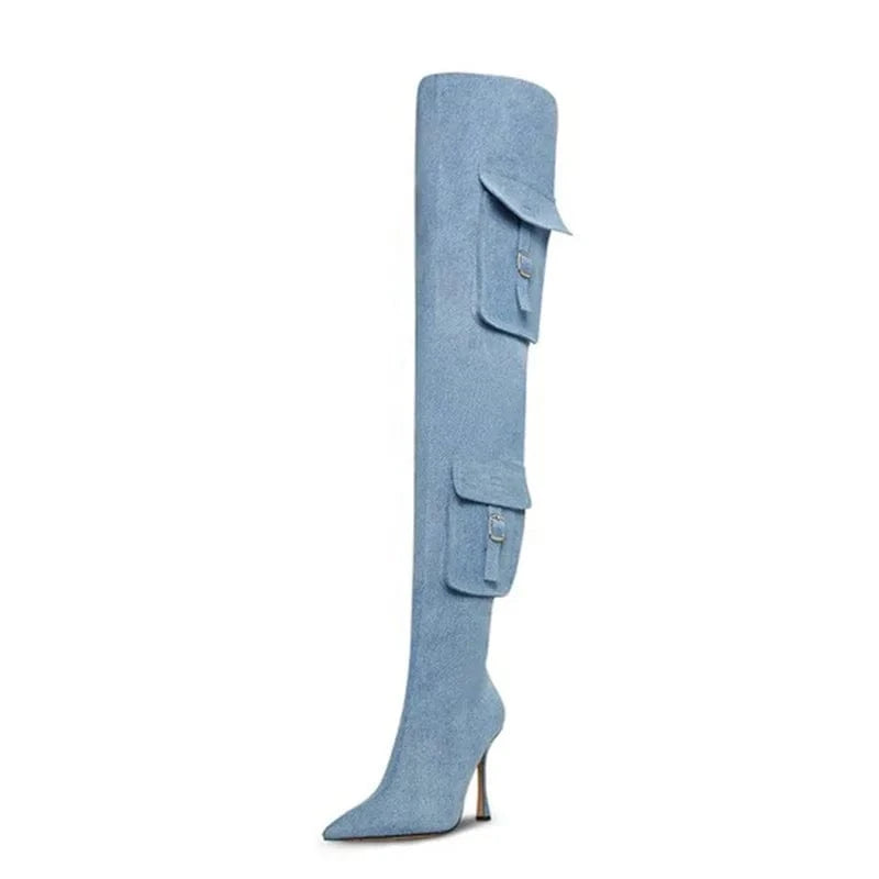 Big Size 44 Stage Women's Over Knee High Thin Heels Pockets Boots Pointed Toe Shoes Stiletto Wide Fit Long Booties