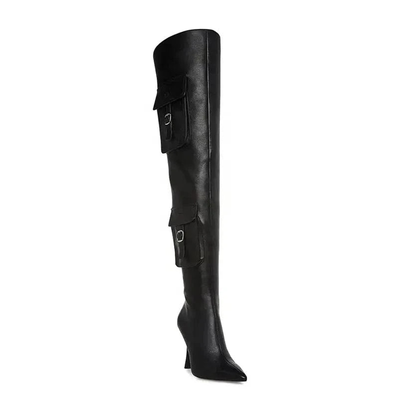 Big Size 44 Stage Women's Over Knee High Thin Heels Pockets Boots Pointed Toe Shoes Stiletto Wide Fit Long Booties