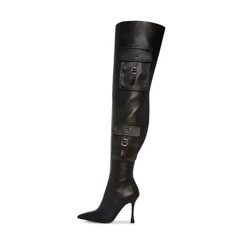 Big Size 44 Stage Women's Over Knee High Thin Heels Pockets Boots Pointed Toe Shoes Stiletto Wide Fit Long Booties