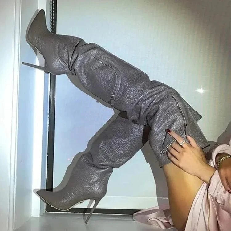 Big Size 45 Wide Fit Women's Over Knee High Thin Heels Zipper Pockets Boots Pointed Toe Shoes Stiletto Long Booties