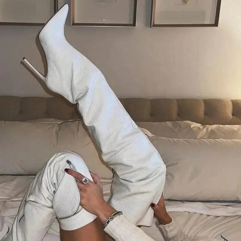 Big Size 45 Wide Fit Women's Over Knee High Thin Heels Zipper Pockets Boots Pointed Toe Shoes Stiletto Long Booties
