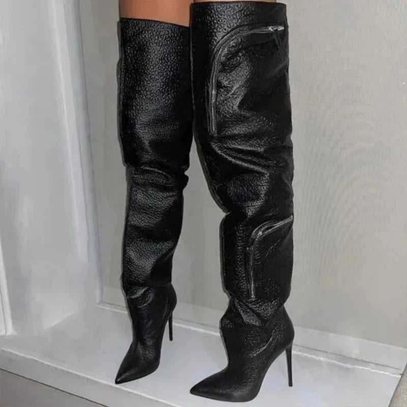 Big Size 45 Wide Fit Women's Over Knee High Thin Heels Zipper Pockets Boots Pointed Toe Shoes Stiletto Long Booties