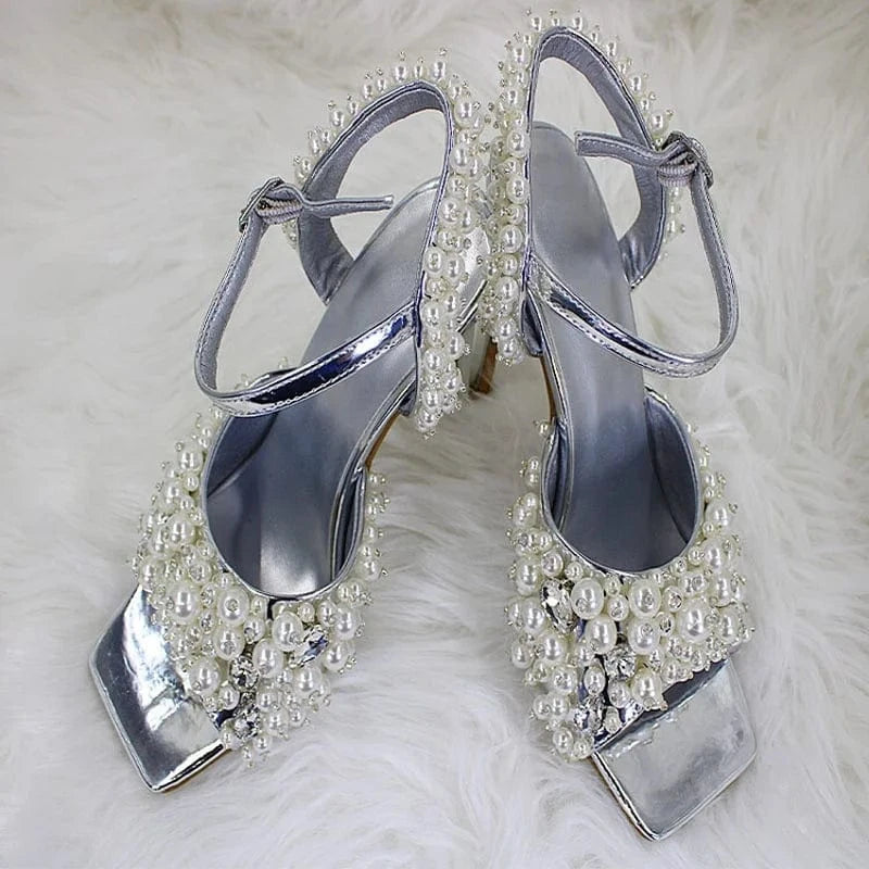 Big Size 46 Elegant Pearls Women Dress High Thin Heels Ankle Buckles Stiletto Shoes Lady Sexy Summer Open Toe Sandals
