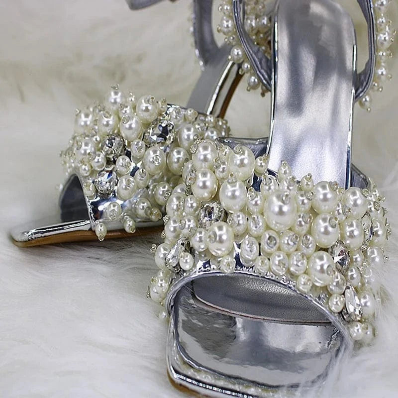 Big Size 46 Elegant Pearls Women Dress High Thin Heels Ankle Buckles Stiletto Shoes Lady Sexy Summer Open Toe Sandals