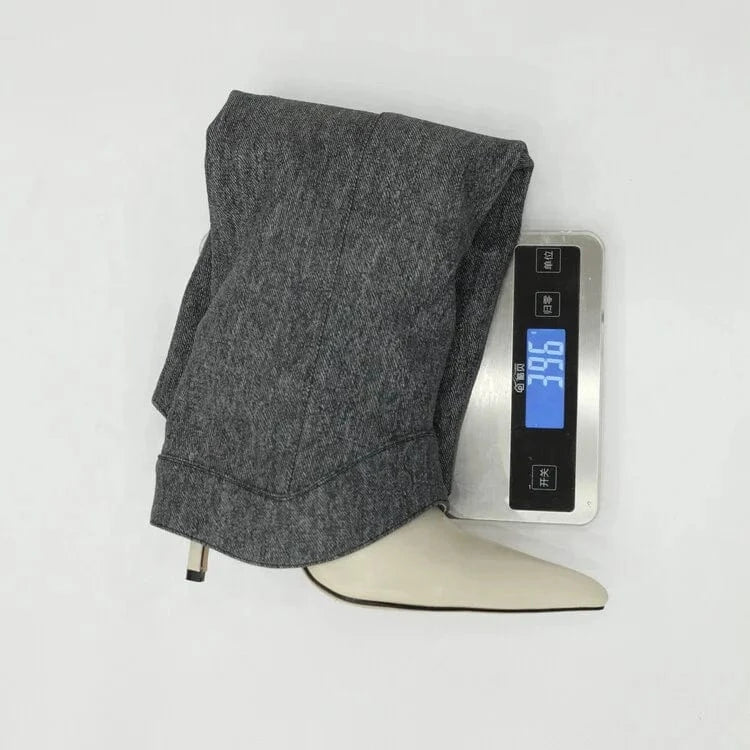 Big Size 46 Women Denim Overlay Knee High Boots High Thin Heels Pants Shoes New Design Boot Stiletto Pointed toe Long Booties