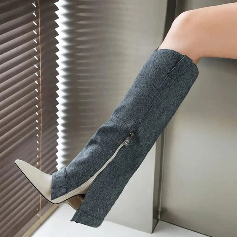 Big Size 46 Women Denim Overlay Knee High Boots High Thin Heels Pants Shoes New Design Boot Stiletto Pointed toe Long Booties
