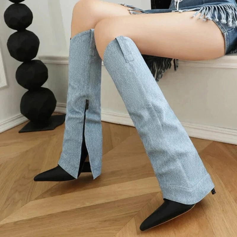 Big Size 46 Women Denim Overlay Knee High Boots High Thin Heels Pants Shoes New Design Boot Stiletto Pointed toe Long Booties