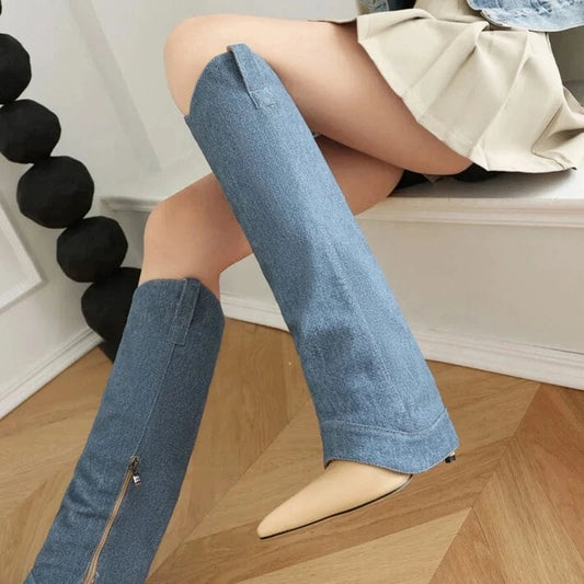 Big Size 46 Women Denim Overlay Knee High Boots High Thin Heels Pants Shoes New Design Boot Stiletto Pointed toe Long Booties