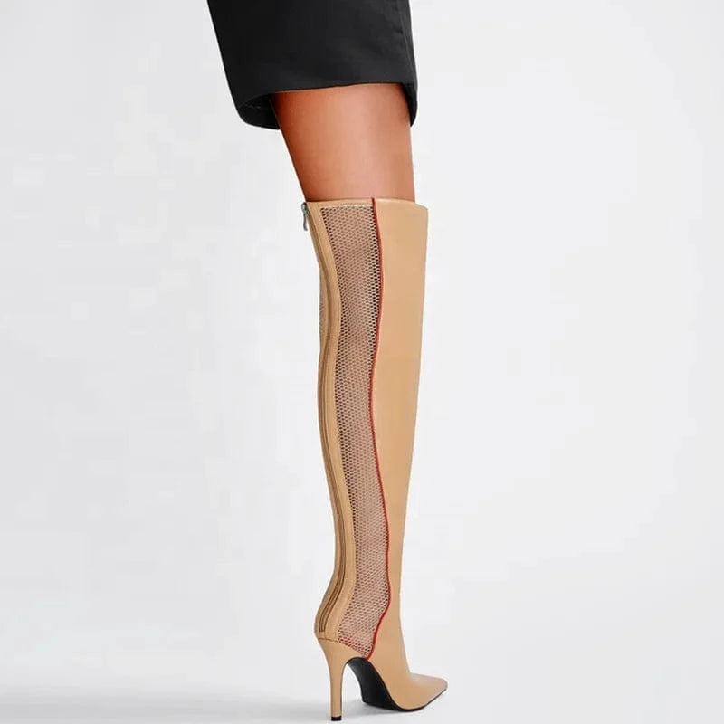 Big Size 46 Women fishnet Summer Over Knee Boots Ladies Leather Mesh Patchwork Pointed toe Long Thigh High Stiletto Booties