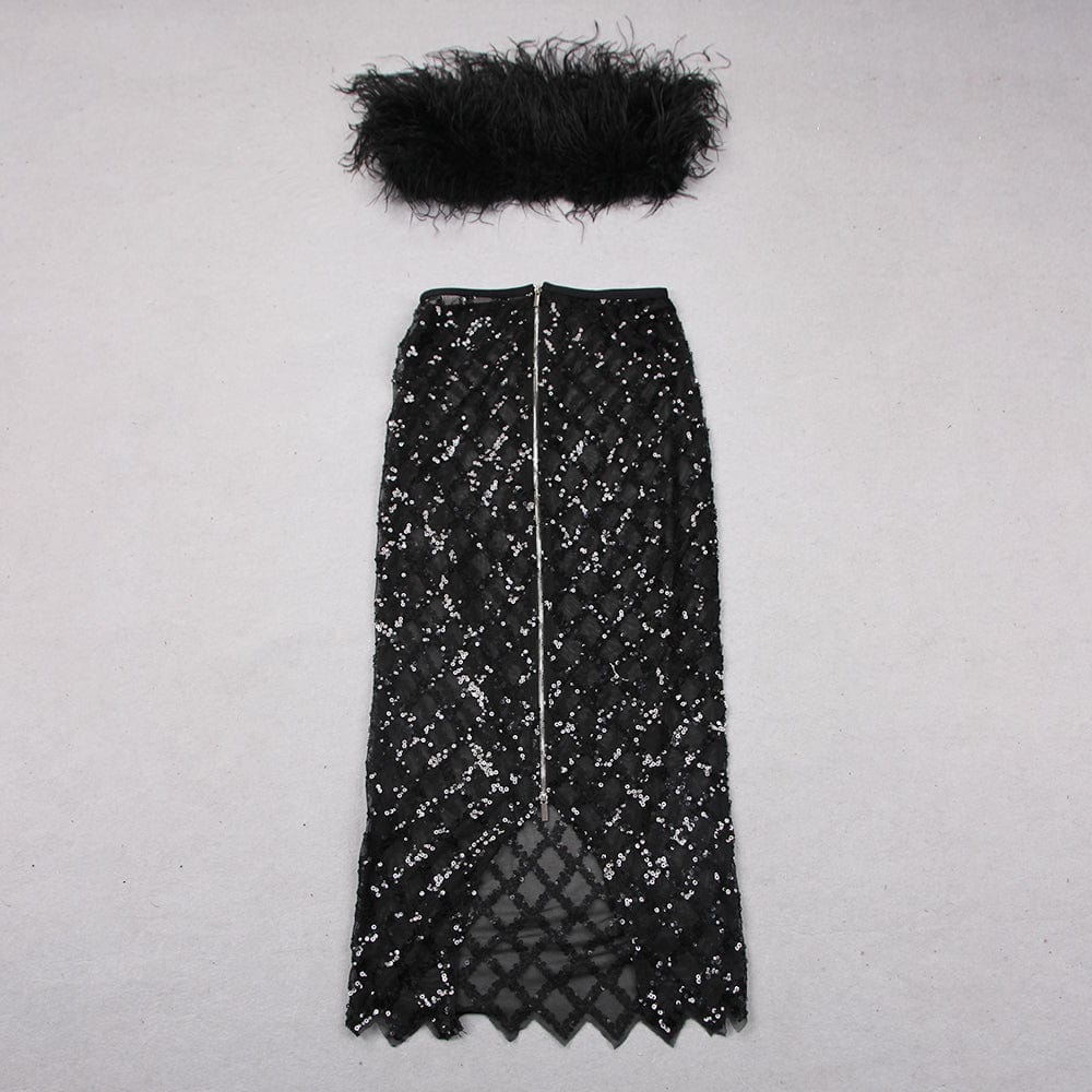 Black 2 Piece Set Sleeveless Feather TOP Sequin Translucent Skirt Sexy Party Women Set
