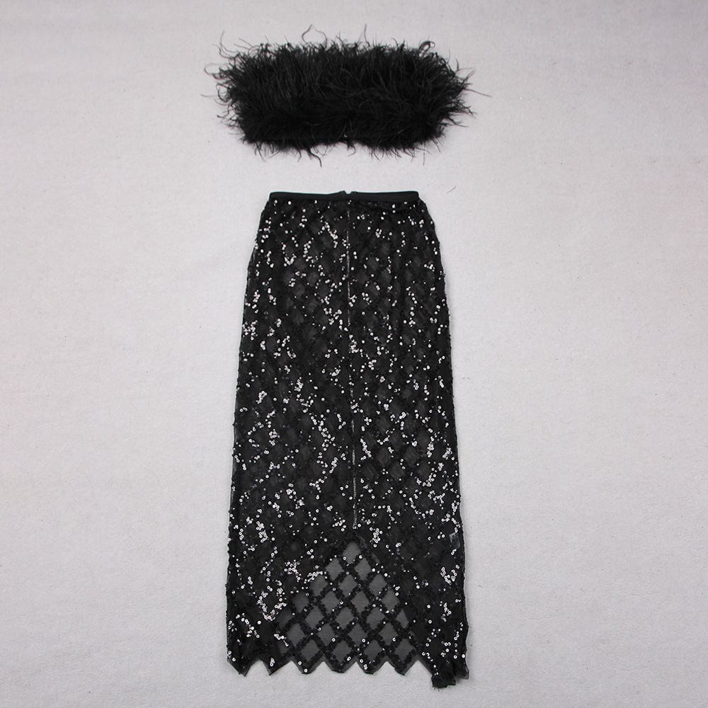 Black 2 Piece Set Sleeveless Feather TOP Sequin Translucent Skirt Sexy Party Women Set