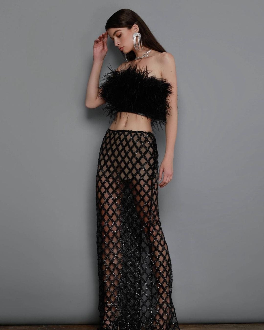 Black 2 Piece Set Sleeveless Feather TOP Sequin Translucent Skirt Sexy Party Women Set