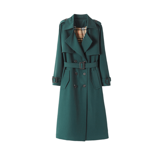 Black And Green Over-the-knee Overcoat Korean Style Turn-down Collar With Belt Thin Spring Long Trench Coat Women