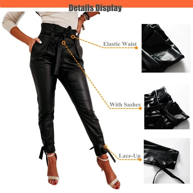 Black Belted High Waist Pencil Pants Casual Pocket Trousers Women Sexy Butt-lift PU Leather Pants