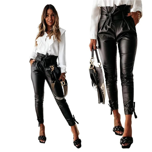 Black Belted High Waist Pencil Pants Casual Pocket Trousers Women Sexy Butt-lift PU Leather Pants