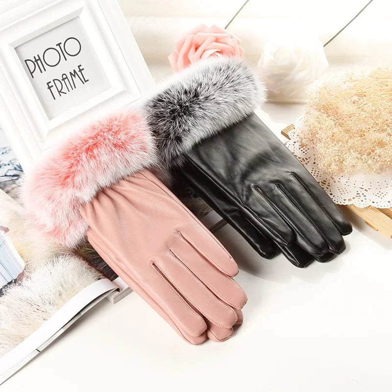 Black Cheap fur touch screen warm pu synthetic leather ladies hand gloves