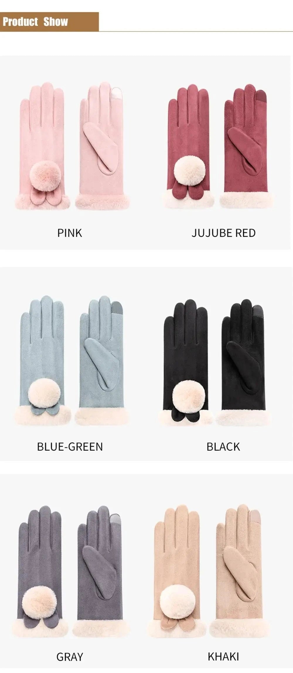 Black Cheap lovely ball warm winter lady suede fabric fancy girls gloves touch screen