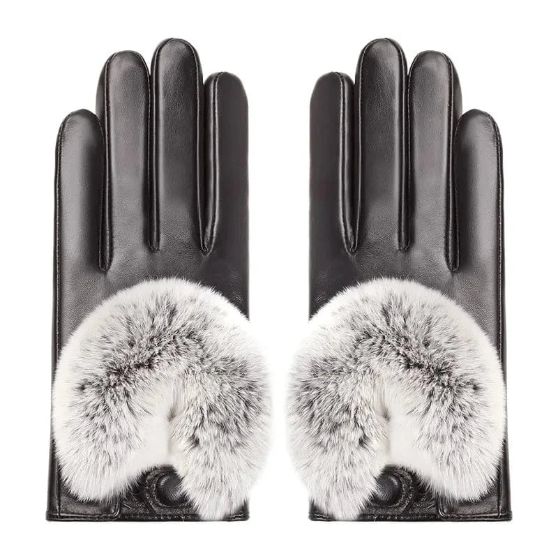 Black Custom design texting winter women real leather rex rabbit fur gloves