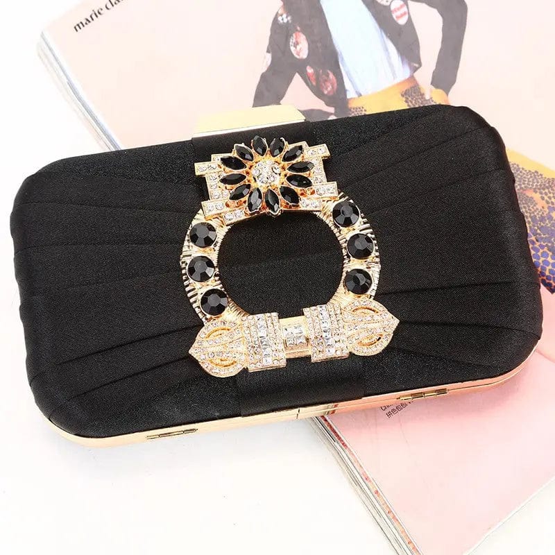 black Factory direct wholesale new design gem rhinestone evening bag pleated satin fabric elegant clutches for wedding party banquet