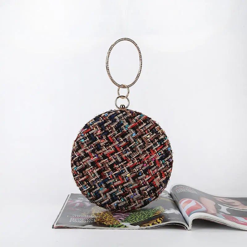black Factory direct wholesale new style round evening bag weave fabric clutches crystal metal handle lady handbags for party banquet