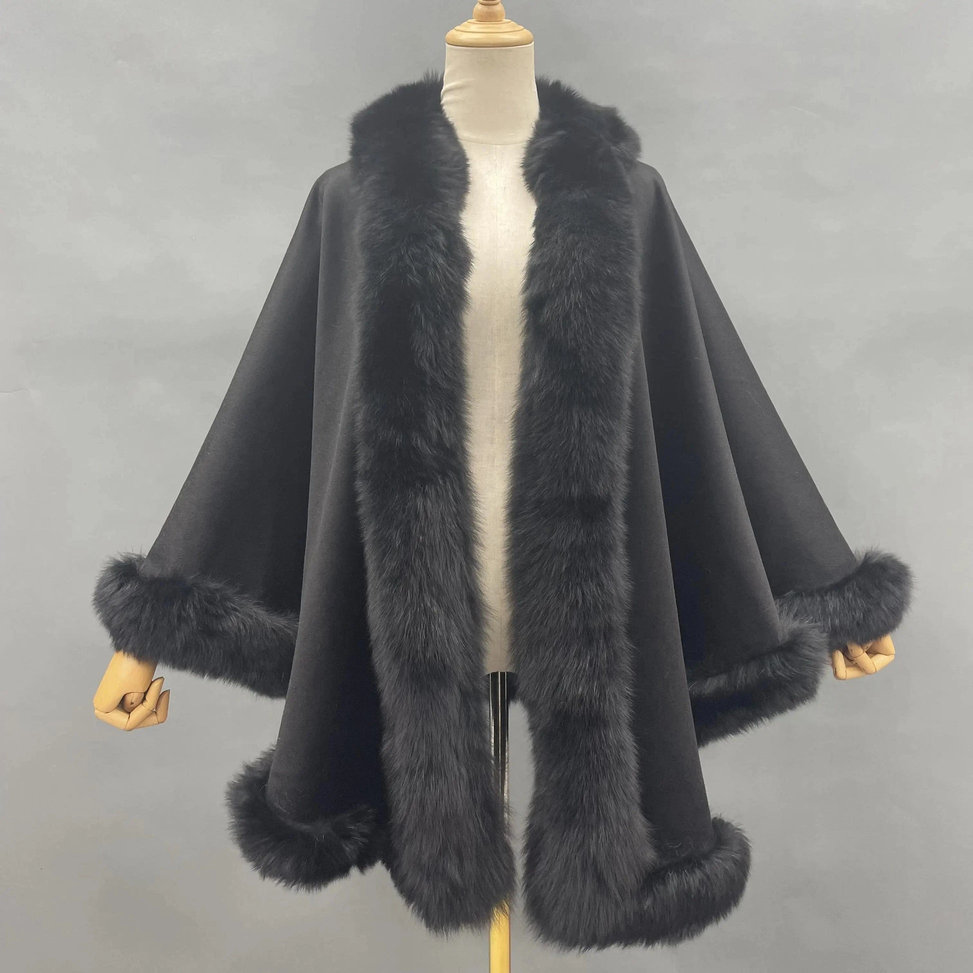 Black Fashion Plus Size Genuine Fox Fur Cashmere Shawl Warm Fox Fur Cape Soft Fur Poncho For Ladies