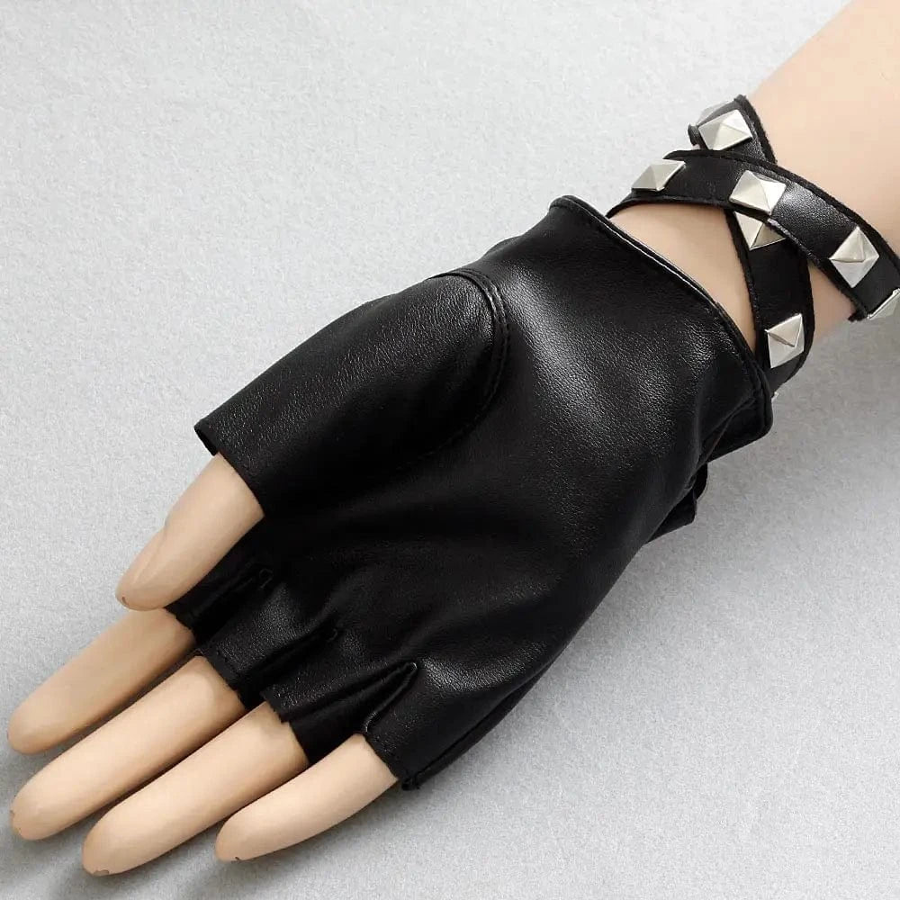 Black Fashion rivet design sexy girls half finger women motorcycle gloves leather