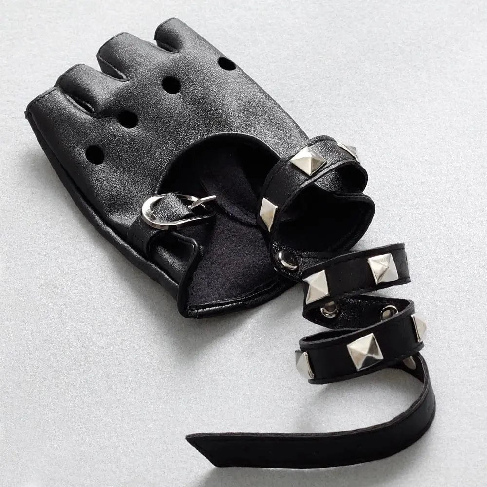 Black Fashion rivet design sexy girls half finger women motorcycle gloves leather