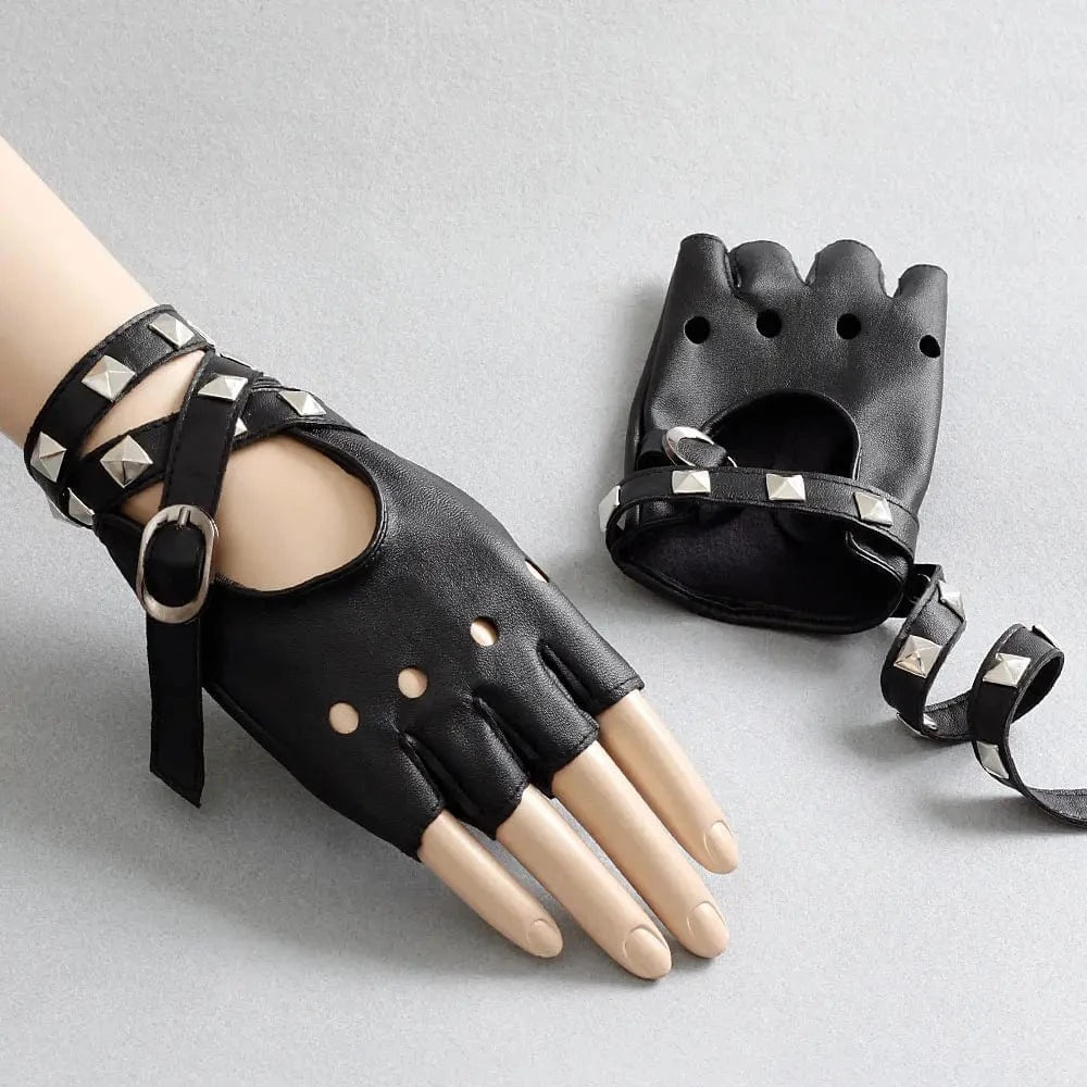 Black Fashion rivet design sexy girls half finger women motorcycle gloves leather