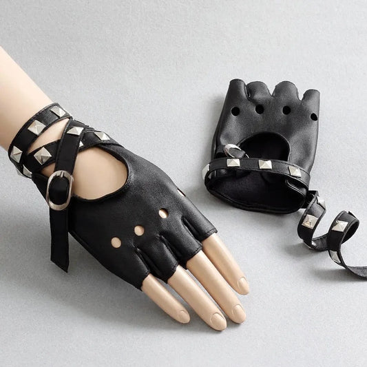 Black Fashion rivet design sexy girls half finger women motorcycle gloves leather
