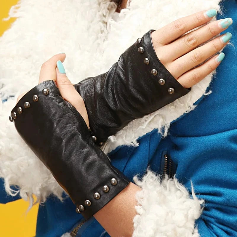 Black Fashion rivet outdoor half finger leather gloves sexy ladies sheepskin mittens