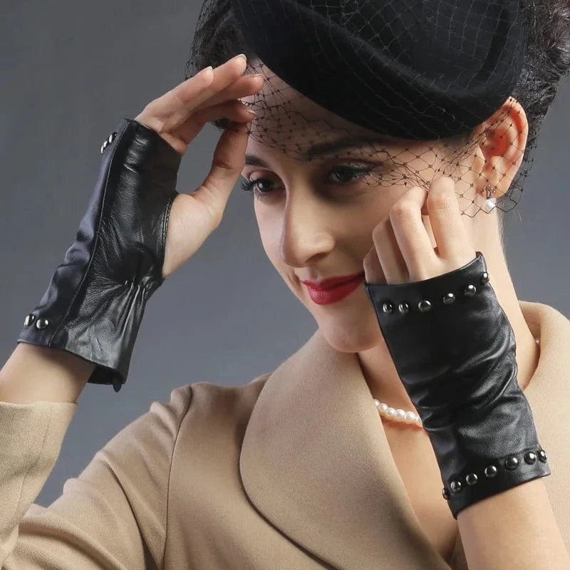 Black Fashion rivet outdoor half finger leather gloves sexy ladies sheepskin mittens