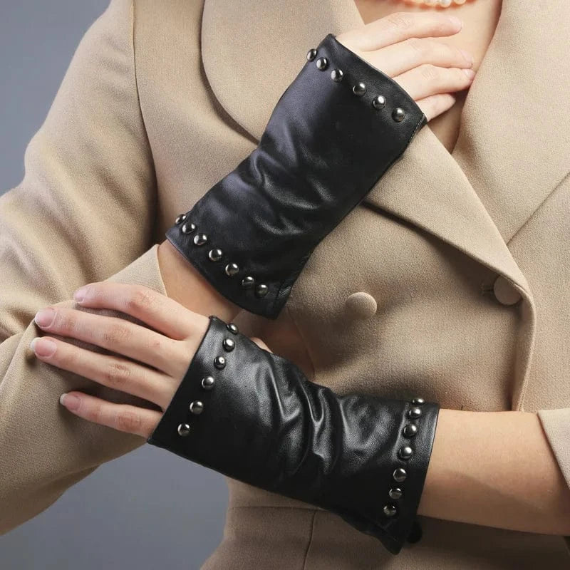 Black Fashion rivet outdoor half finger leather gloves sexy ladies sheepskin mittens