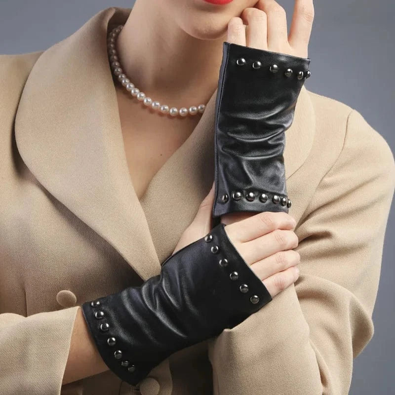 Black Fashion rivet outdoor half finger leather gloves sexy ladies sheepskin mittens