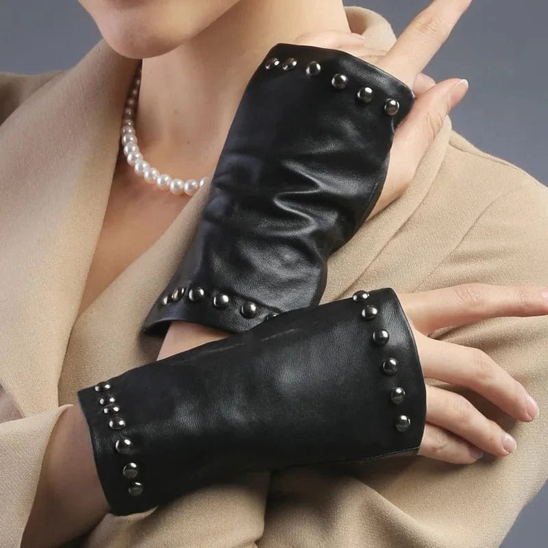 Black Fashion rivet outdoor half finger leather gloves sexy ladies sheepskin mittens