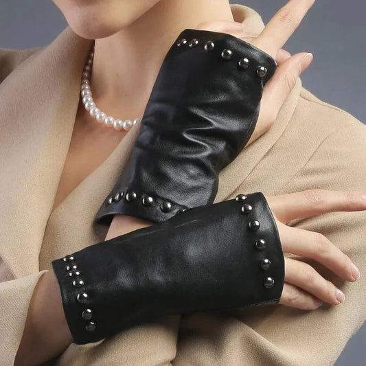 Black Fashion rivet outdoor half finger leather gloves sexy ladies sheepskin mittens