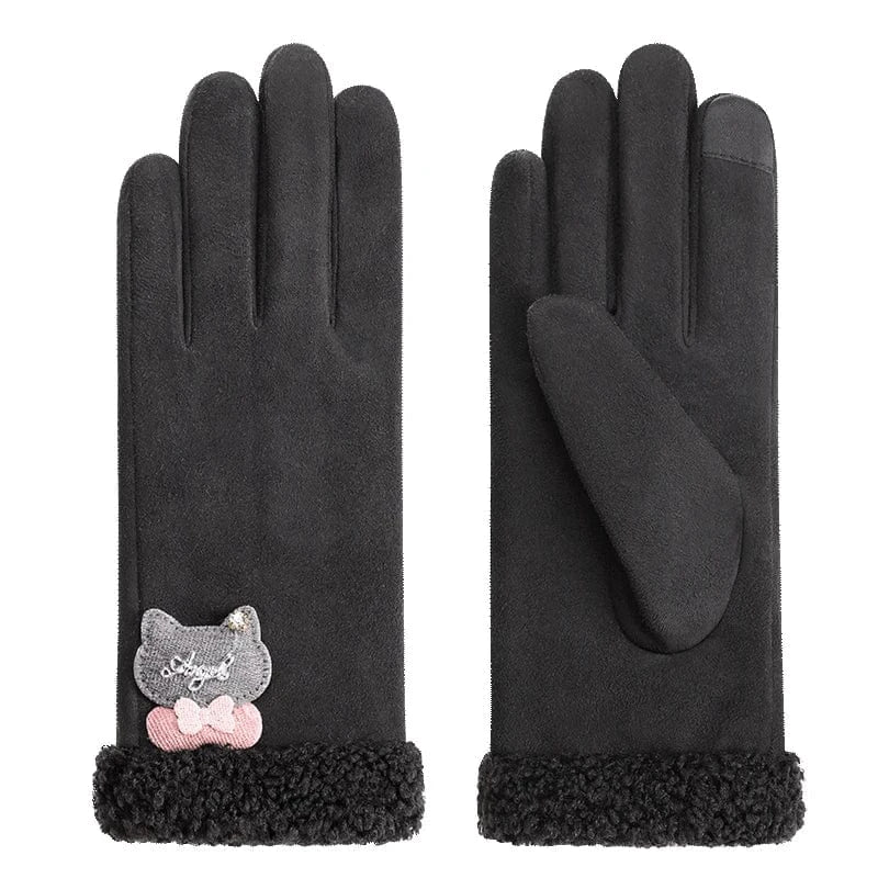 Black Fashion sensitive touch screen faux fur cuff suede fabric red bike riding winter women gloves