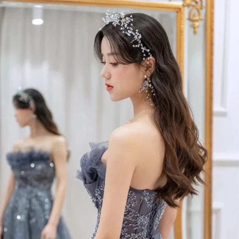 Black Fashion Wedding Hot Crystal Hair Band Earrings Set Hand-knitted Bridal Tiara Wedding Dress Accessories Jewelry Set