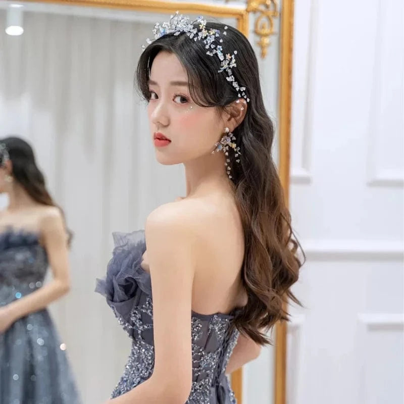 Black Fashion Wedding Hot Crystal Hair Band Earrings Set Hand-knitted Bridal Tiara Wedding Dress Accessories Jewelry Set