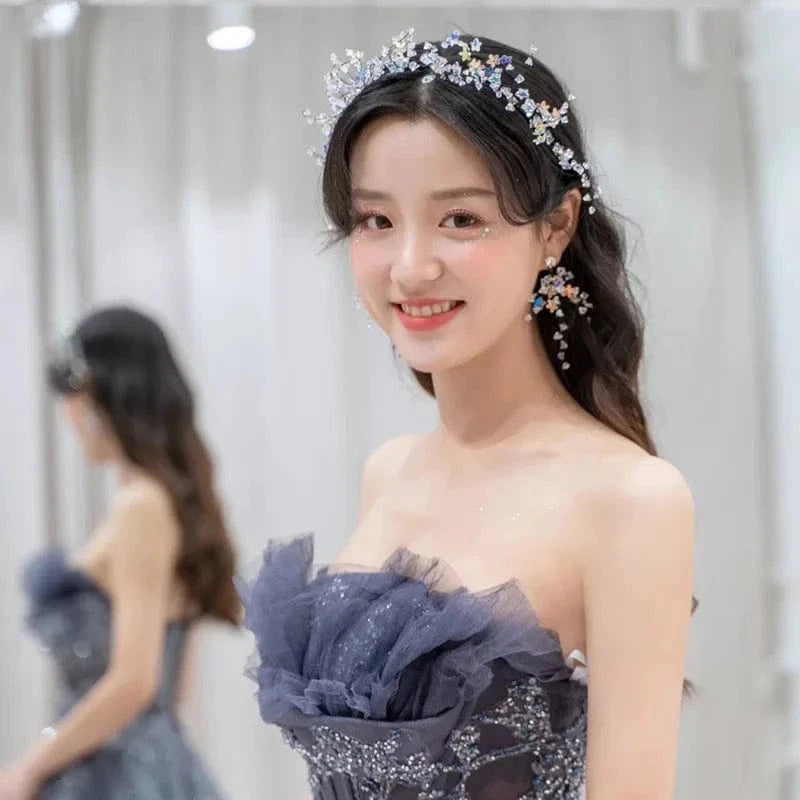 Black Fashion Wedding Hot Crystal Hair Band Earrings Set Hand-knitted Bridal Tiara Wedding Dress Accessories Jewelry Set