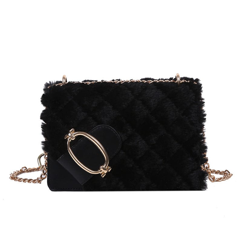 black High Quality Winter Fashion Chain Shoulder Purses Small Flap Crossbody Bags for Women Soft Plush Handbags