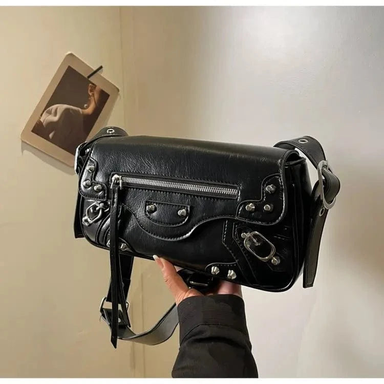 Black High Street Vintage Handbag Women New Rivet Large Capacity Casual Crossbody Bags Ladies Moto Biker Black Messenger Bag