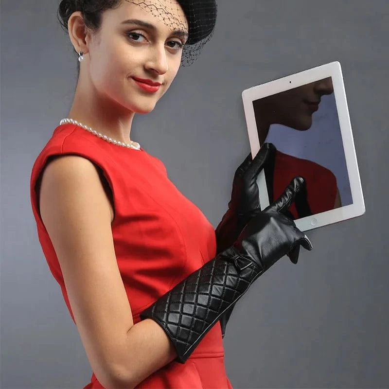 Black Hot sale arm length sheepskin leather winter women opera dress long sleeve gloves