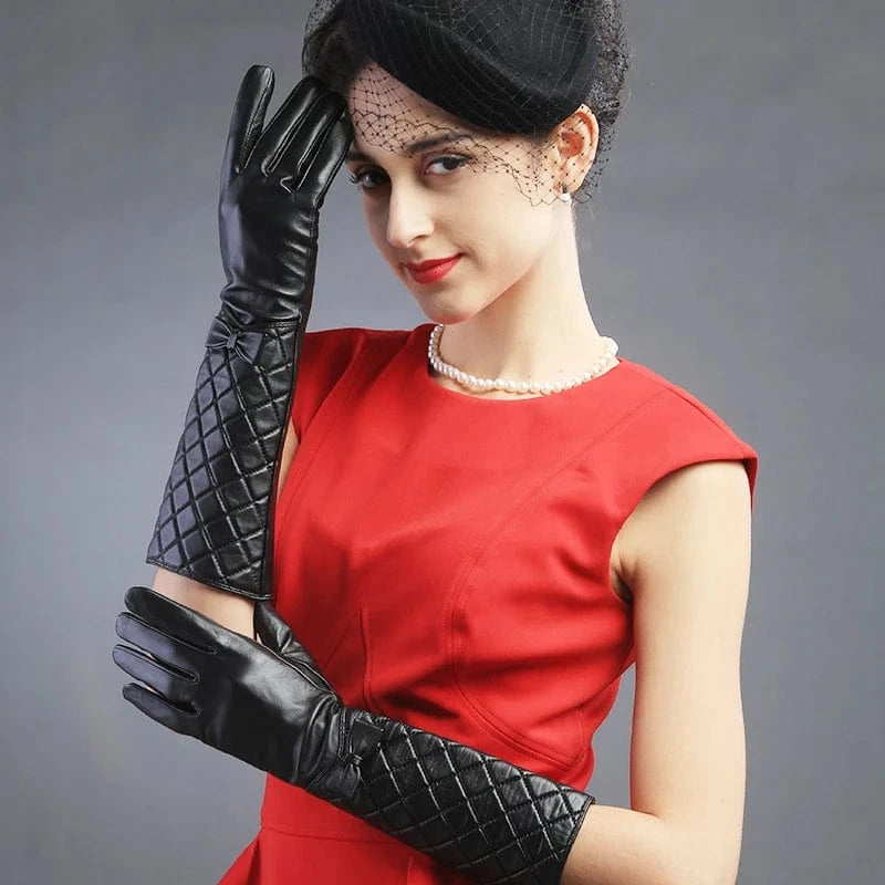 Black Hot sale arm length sheepskin leather winter women opera dress long sleeve gloves