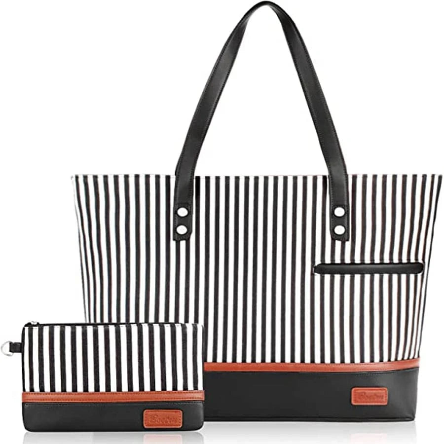 Black hot sale Canvas PU Leather Tote Bag Office women bag 2 pcs Hand Bags Set