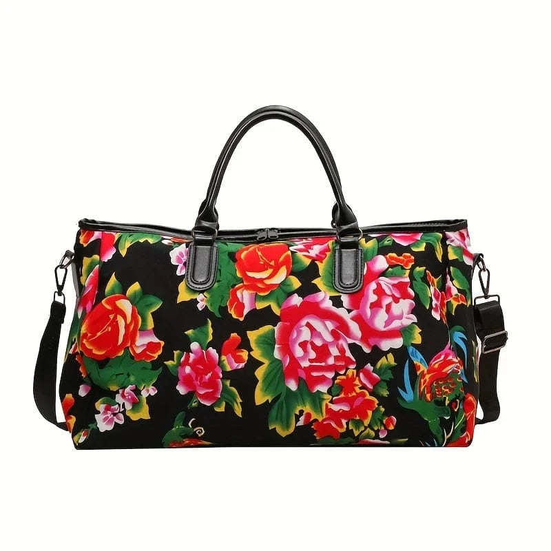 Black Large Capacity Shoulder Weekender Bag Trendy Ethnic Style Flower Pattern Travel Duffel Bag