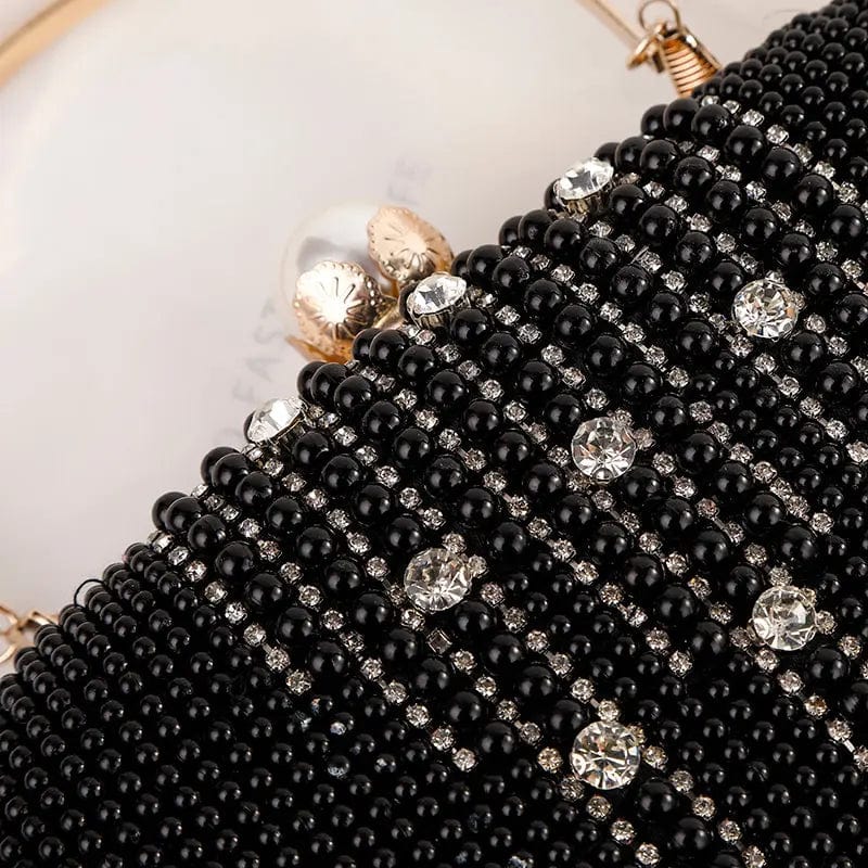 black Light Luxury Fashion Pearl Inlaid Rhinestone Hand Chain Bag Double-sided Handmade Beaded High Quality Custom Silk Dinner Bag