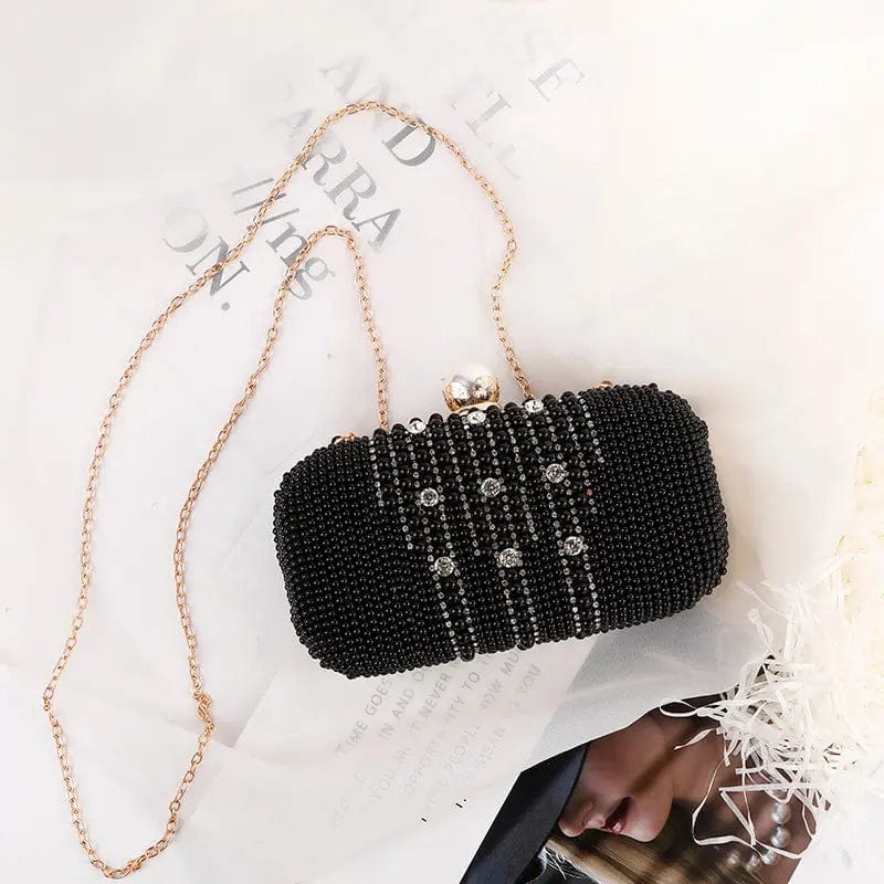 black Light Luxury Fashion Pearl Inlaid Rhinestone Hand Chain Bag Double-sided Handmade Beaded High Quality Custom Silk Dinner Bag